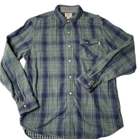 Timberland Long Sleeve Cotton Plaid Flannel Button Down Shirt Green Large - Picture 1 of 8